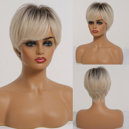 Short Pixie Cut Synthetic Wigs Ombre Blonde Brown Dark Root Wig with Bangs Daily