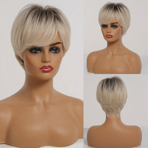 Short Pixie Cut Synthetic Wigs Ombre Blonde Brown Dark Root Wig with Bangs Daily