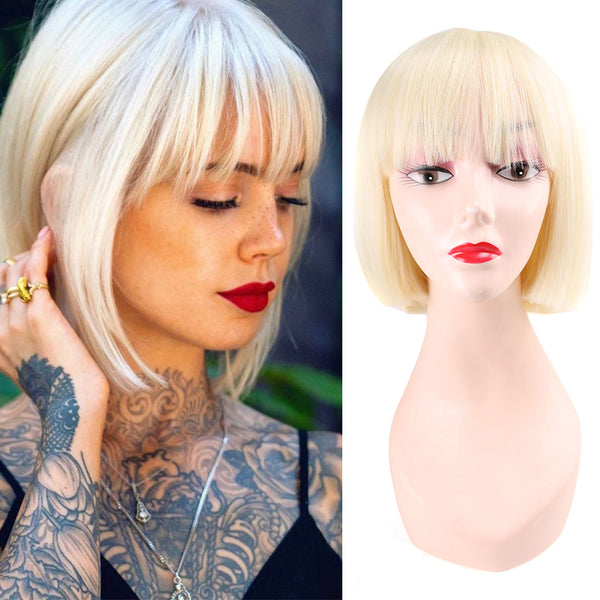 Short bob Cut Straight Blonde Wig With Bangs Synthetic Wigs Glueless Cosplay
