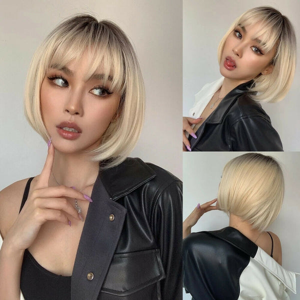Short Bob Straight Synthetic Wigs with Bangs Ombre Brown Blonde Wig Daily Heat