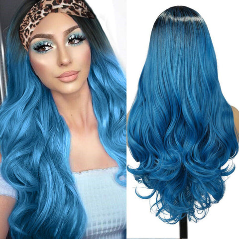 Long 24" Wavy Wigs Women Headband Wigs Black Blue Ombre Blue Synthetic Hair