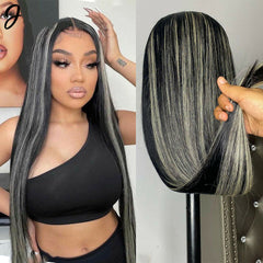 Long Black Ash Blonde Highlight Synthetic Wig Straight Middle Part Glueless Wigs