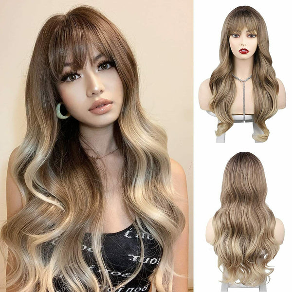 Long Body Wavy Wigs Ombre Pink Green Purple Blonde Synthetic Wig With Bangs Soft