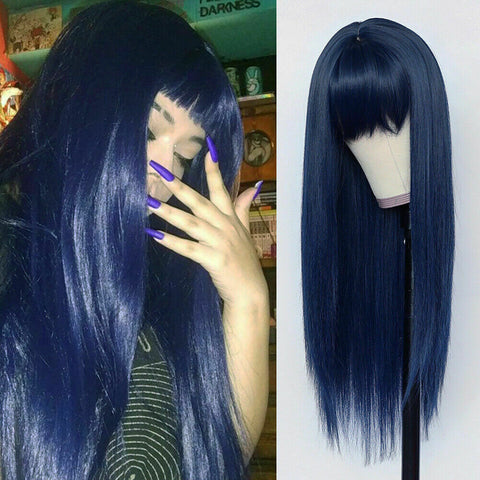 Long Straight Heat Resistant For Womens Wigs Full Bangs Synthetic No Lace Wigs