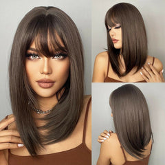 Shoulder Length Dark Brown Wigs Straight Synthetic Hair Wig With Bangs Daily