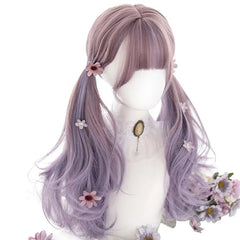 Long Ombre Colorful Synthetic Cosplay Lolita Harajuku Wig With Bangs Natural Wavy Wigs Pink Purple Cospay Wigs