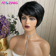 Short Straight Pixie Cut Wig Synthetic Natural Black Hair Daily Wigs for Women