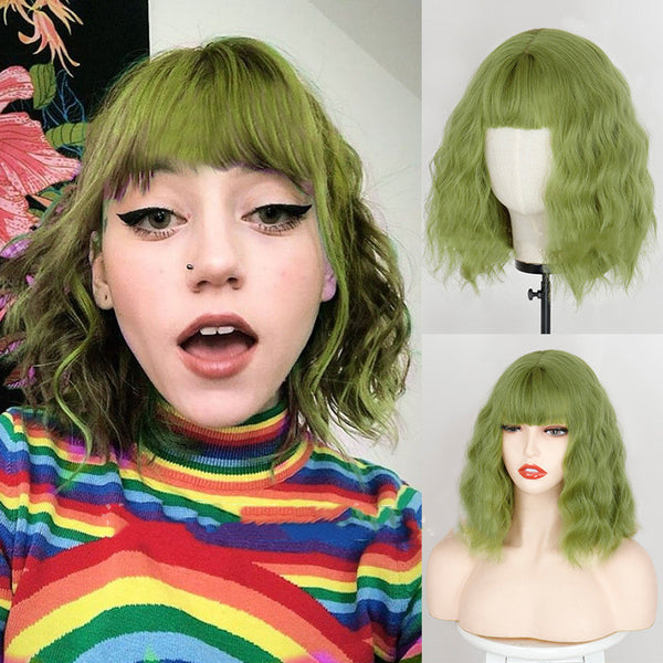 Short Bob Curly Wavy Wig with Bangs Green Synthetic Hair Wigs Cute Glueless