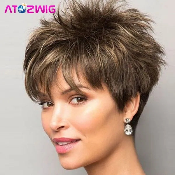 Short Pixie Cut Hair Synthetic Wigs With Bangs Natural Straight Highlight Brown Blonde Wigs For Women Ladies