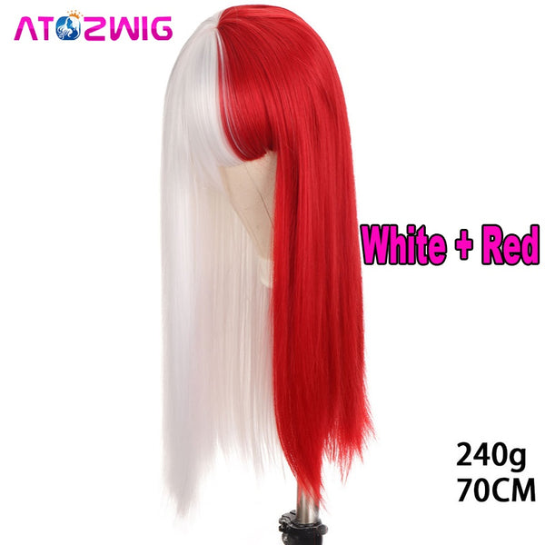 Long Straight Wig with Bangs Half Red Half White Synthetic Wigs Cosplay Party