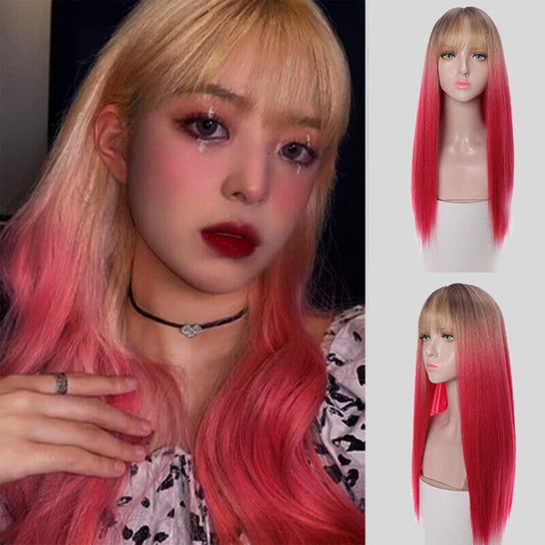 Fashion Long Straight Blonde Pink Bangs Wig Synthetic Glueless Daily Cosplay New