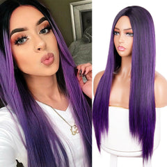 Long Black Ombre Purple Wig Silky Straight Synthetic Wigs Natural Heat Resistant