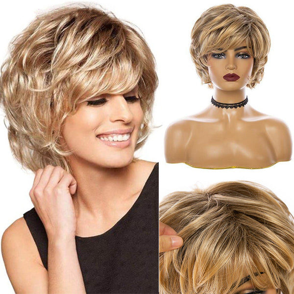Short Curly Wavy Ombre Gold Wig with Bangs Layered Synthetic Wigs Natural Heat