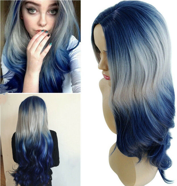 Long Wavy Body Wave Blue Gray Balayage Cosplay Anime Wigs for Fashion Women