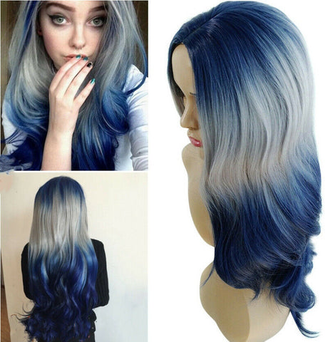 Long Wavy Body Wave Blue Gray Balayage Cosplay Anime Wigs for Fashion Women