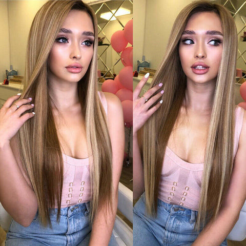 Long Ombre Brown Blonde Highlight Synthetic Wig Straight Hair Glueless Wigs Soft