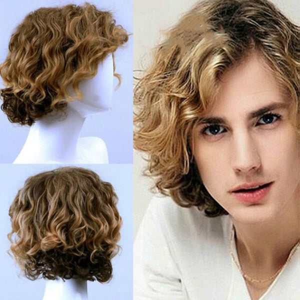Short Curly Wavy Wig Dark Roots Ombre Brown Blonde Synthetic Wigs For Men Daily