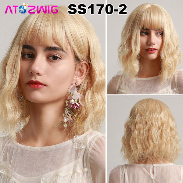 Short Bob Body Wavy Wig with Bangs Blonde Synthetic Hair Wigs Cosplay Party