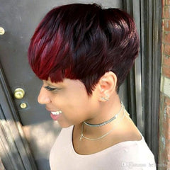 Women Fashion Short Hair Pixie Cut Wigs With Bangs Dark Roots Ombre Red Synthetic Wig Daily