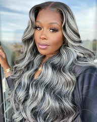 Long Ombre Black Grey Wigs Curly Wavy Synthetic Hair Wig Middle Part Natural