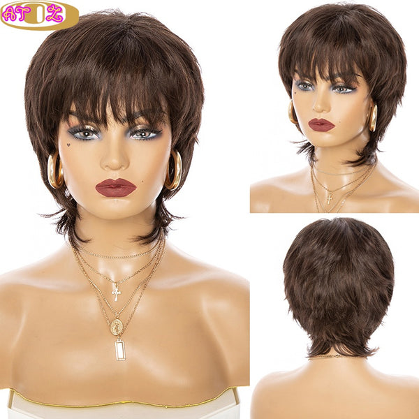 Short Dark Brown Wig with Bangs Natural Hair Daily Wear Wigs for Women