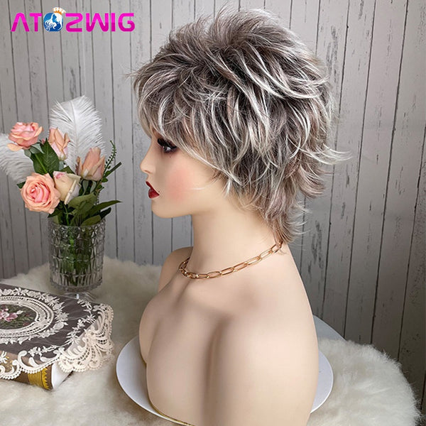 Pixie Cut Wig for Black White Women Dark Root Ombre Brown Blonde Short Hair Synthetic Fluffy Capless Wigs Perruque