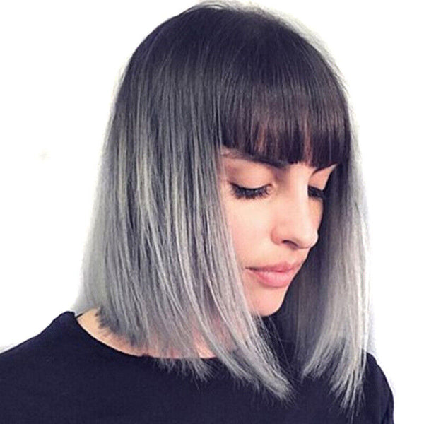 Short Bob Wigs With Bangs for Women Girls Cosplay Party Daily Wear Black to Gray