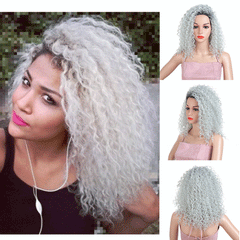 Short Kinky Curly Afro Wigs Synthetic Soft Hair Dark Roots Grey Silver Party Wig