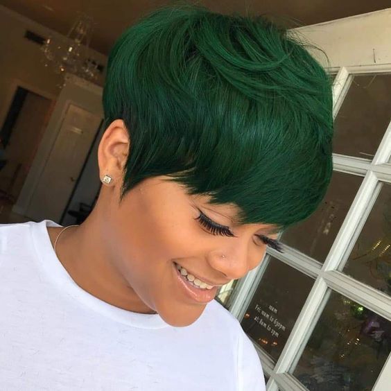 Synthetic Short Dark Green Pixie Cut Wigs Fashion Party Wigs Full Wig with Bangs