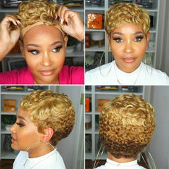 Short Pixie Wigs Wave Pixie Cut Wigs Synthetic Short Wigs Dark Blonde to Brown