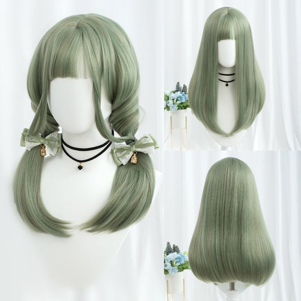 Long Straight Wig with Bangs Light Green Synthetic Hair Wig Cosplay Lolita