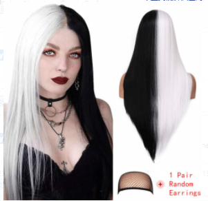 Half Black Half White Wigs Long Straight Cosplay Party Wigs No Lace Costume
