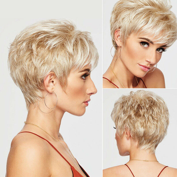 Short Pixie Cut Wigs Ombre Blonde Synthetic Hair Wig with Bangs Heat Resistant