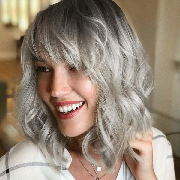 Short Bob Curly Wavy Wig With Bangs Ombre Silver Synthetic Hair Wigs Heat Fiber