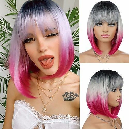 Short Bob Straight Wig with Bangs Ombre Black Gray Pink Synthetic Wigs Cosplay