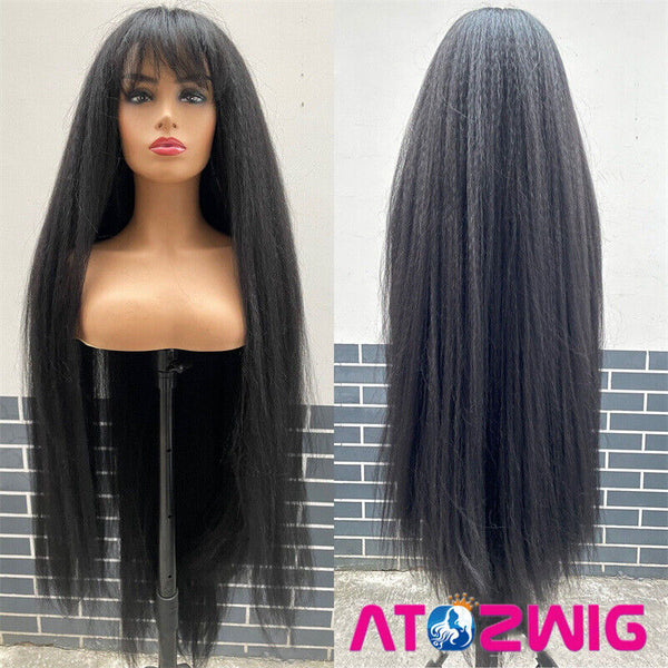 48 INCH Supper Long Kinky Straight Wigs with Bangs for Women Fashion Yaki Hair