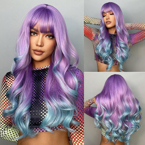 Long Wavy Wig with Bangs Purple Ombre Blue Synthetic Wigs Cosplay Heat Fiber