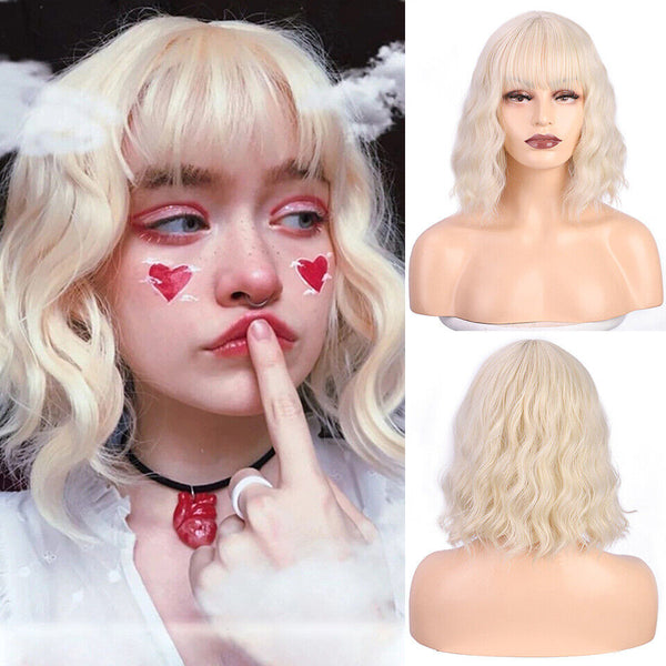Short Bob Wavy Wig with Bangs Blonde Synthetic Wigs Cosplay Halloween Heat Fiber