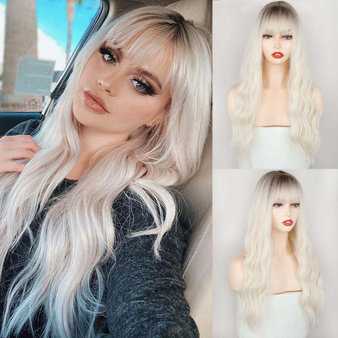 Long Wavy Wig with Bangs Dark Roots Gradient Blonde Synthetic Wigs Cosplay Soft