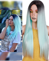 Ombre Blue Green Straight Long Synthetic Wigs For Women Black Pink Wigs 24 inch can be Cosplay Wigs Heat Resistant I's a wig