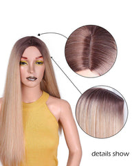Long Straight Synthetic Wig Mixed Brown and Blonde Long Wigs for White /Black Women Middle Part Nature Wigs