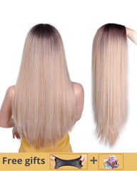 Long Straight Synthetic Wig Mixed Brown and Blonde Long Wigs for White /Black Women Middle Part Nature Wigs