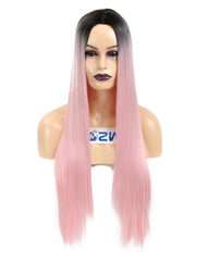 Long Straight Ombre Sweet Baby Pink Dark Roots Glueless Cosplay Heat Resistant Synthetic Wigs