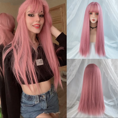 Long Pink Wig With Bangs Synthetic Straight Hair Wigs Heat-Resistant Cosplay