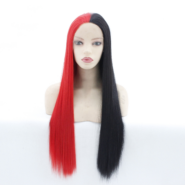 20'' Half Black And Half Red Wig Long Straight Women Lace Front Wig Synthentic
