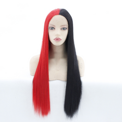20'' Half Black And Half Red Wig Long Straight Women Lace Front Wig Synthentic