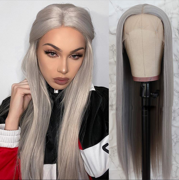 Long Silver Gray Lace Front Wig Straight Synthetic Full Wigs Heat Resistant