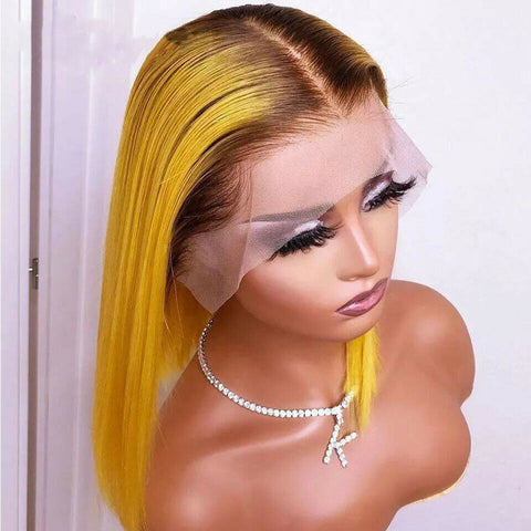 Women Yellow Lace Front Wigs Fashion Party Wigs Short Bob Wigs with Dark Roots