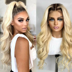 Long Body Wave Lace Front Wigs Black Roots Ombre Blonde Synthetic Hair Wig Heat
