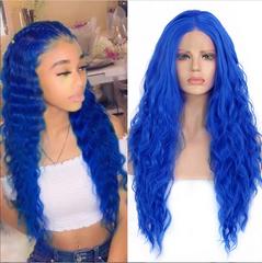 Long Deep Wave Lace Front Wig Blue Curly Synthetic Wigs Glueless Heat